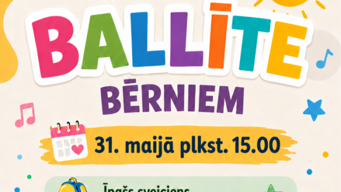 Krāsains un rotaļīgs dizains ar sauli, baloniem un piepūšamo atrakciju. Pasākuma afiša.
