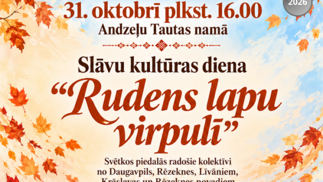 Rudens lapu virpulī tautastērpos ģērbies pāris dejo zeltainā rudens ainavā