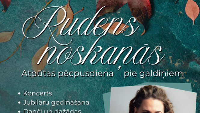 Rudens lapas uz zaļgana fona un sievietes portrets. Pasākuma afiša