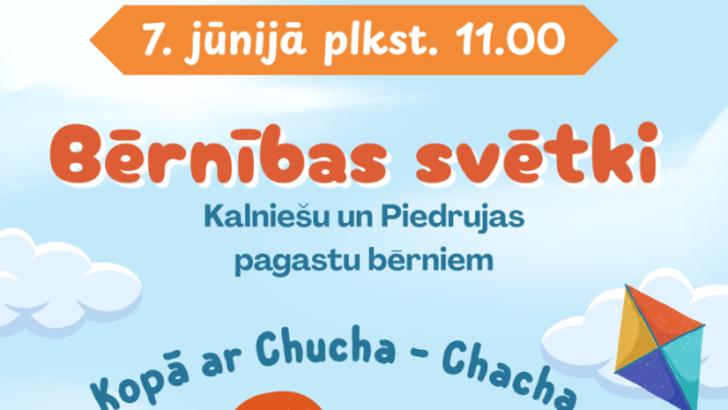 Ilustrācija – bērni uz papīra lidmašīnas mākoņos. Pasākuma afiša.