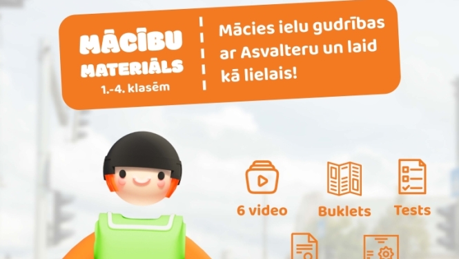 Stilizēts ceļu satiksmes drošības tēls – Asvalters – uz pilsētas ielas fona