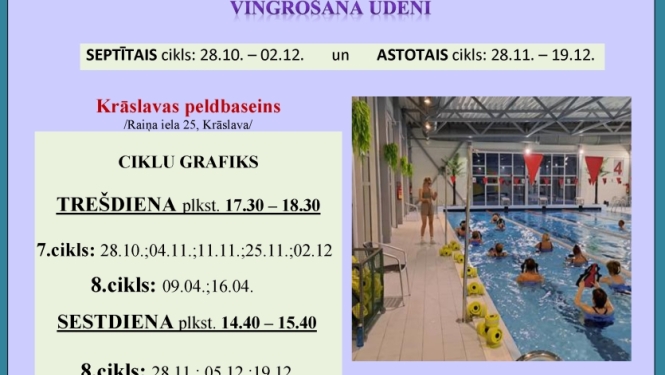 Cilvēki baseinā klausās pasniedzēju. Pasākuma afiša