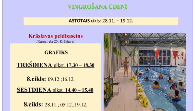 Cilvēki baseinā klausās pasniedzēju. Pasākuma afiša