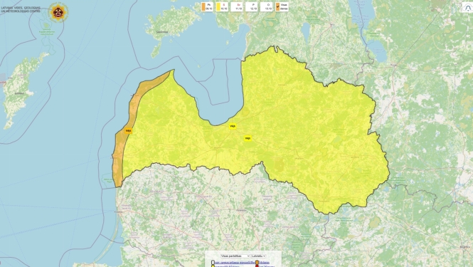 Latvijas kontūrkarte ar iezīmētiem bīstamiem vēja reģioniem