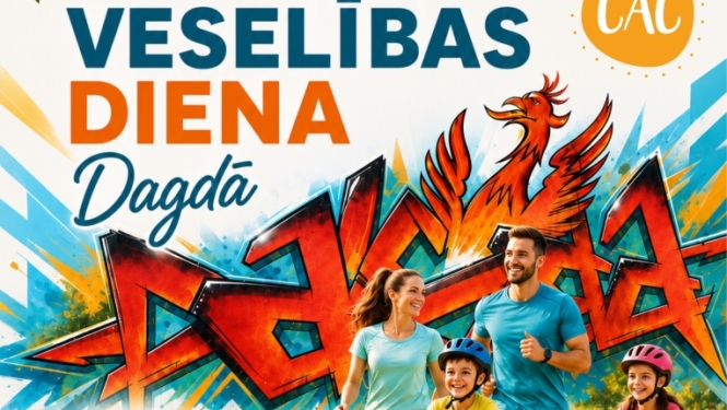 Krāsaina ilustrācija ar ģimeni, kas sporto parkā. Pasākuma afiša