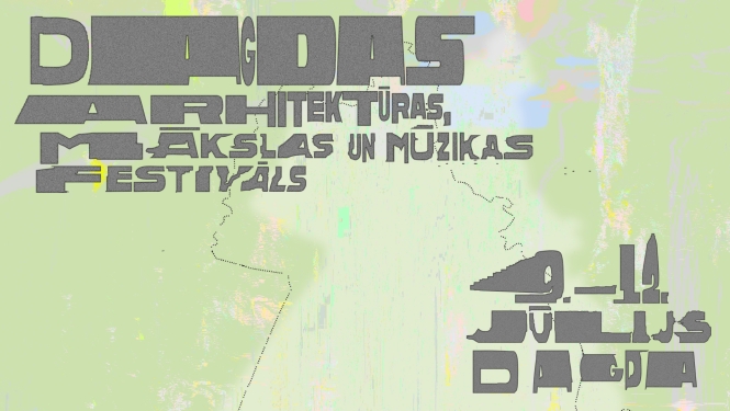 Dagdas arhitektūras, mākslas un mūzikas festivāla grafiskais baneris ar stilizētu tipogrāfiju
