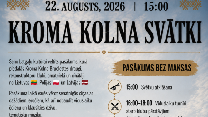 Vēsturiska izskata koka celtne un cilvēki viduslaiku tērpos. Pasākuma afiša