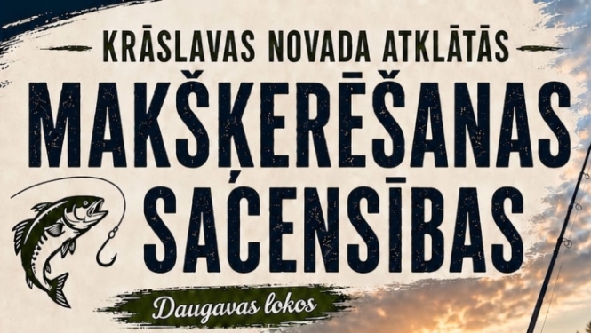 Makšķere uz upes un saullēkta fona. Pasākuma afiša