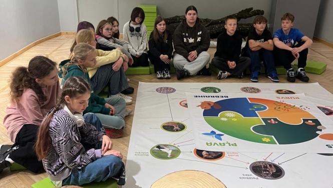 Skolēni muzejā iepazīst dabas materiālus un pēta attēlu ar ekosistēmas barības ķēdēm