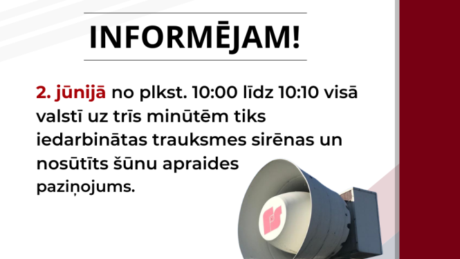 Trauksmes sirēna uz balta fona. Informācija par trauksmes sirēnu pārbaudi un šūnu apraides paziņojumiem