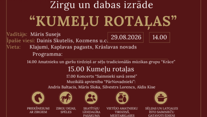 Jātnieki ar zirgiem, skatītāji un brīvdabas pasākuma norise. Pasākuma afiša