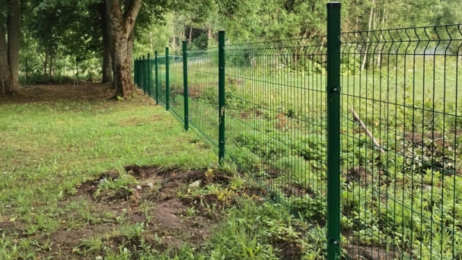Zaļš metāla žogs gar mežainu, zālainu teritoriju