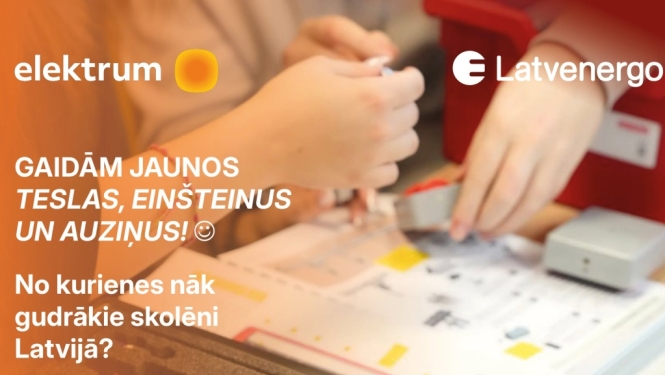 Skolēni praktiski darbojas ar fizikas laboratorijas aprīkojumu klasē. Latvenergo un Elektrum logo.