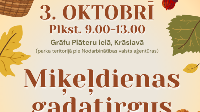 Rudens tematikas ilustrācija ar grozu, ķirbjiem, ozolzīlēm, krāsainām lapām, ogām, ziediem un adītiem cimdiem. Pasākuma afiša