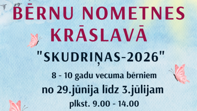 Krāsains ziedu un tauriņu dizains. Bērnu nometnes afiša.