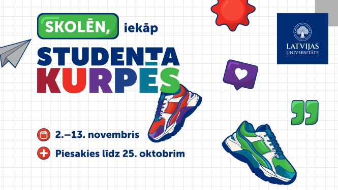 Rūtiņās sadalīta balta lapa ar apavu un abstraktu elementu ilustrācijām. Pasākuma afiša