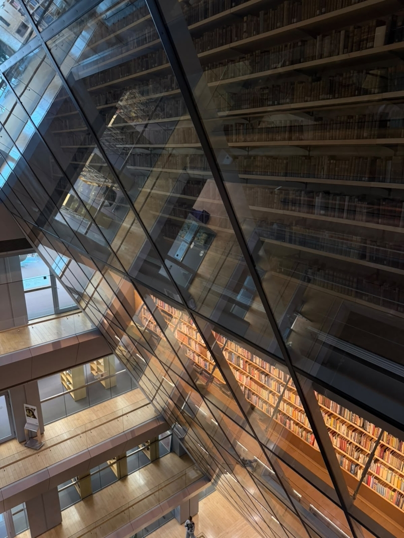 Skats uz bibliotēkas daudzstāvu grāmatu plauktiem