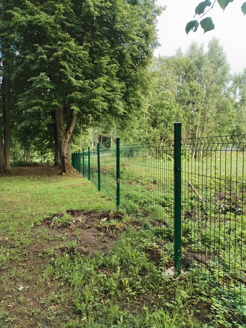 Zaļš metāla žogs gar mežainu, zālainu teritoriju