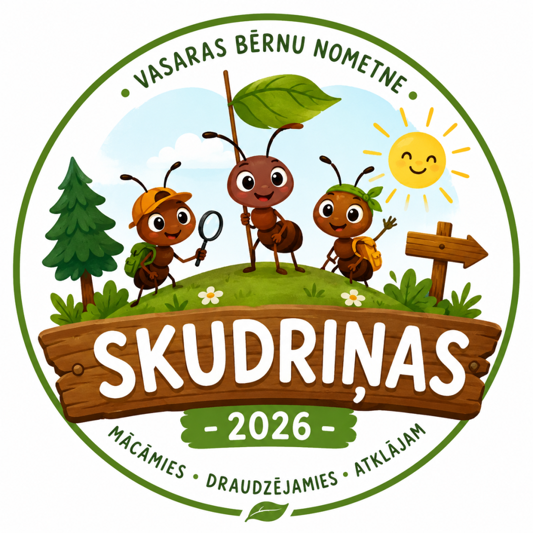 Vasaras bērnu nometnes "Skudriņas 2026" ilustrēts logo ar trim skudrām dabā