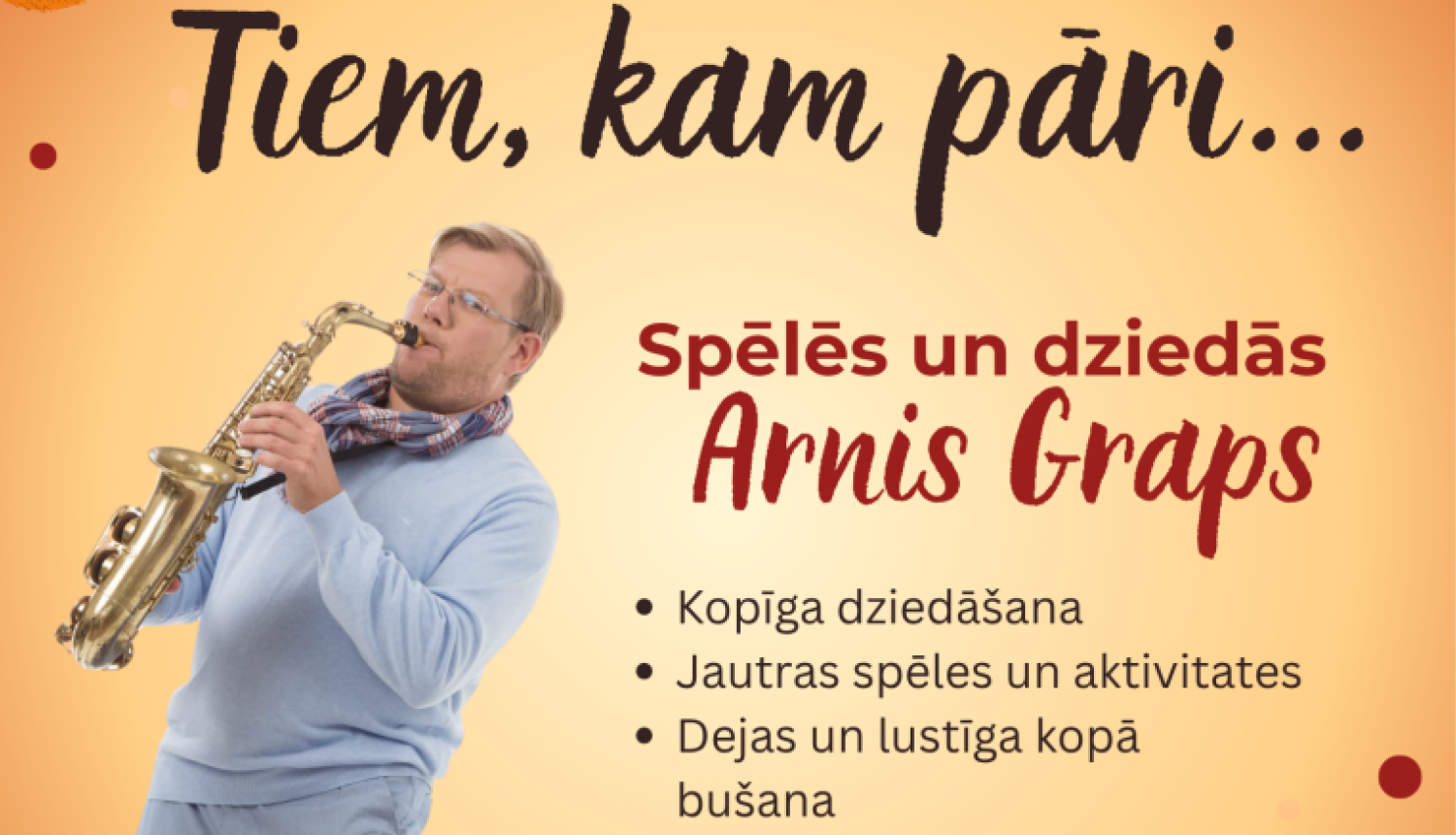 Kļavu lapas, ķirbji un vīrietis, kurš spēlē saksofonu. Pasākuma afiša