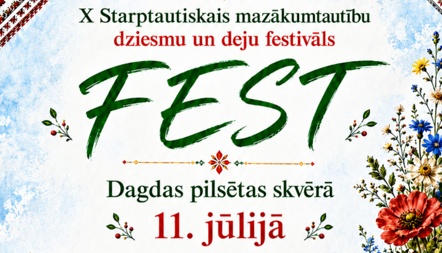 Tautiski ornamenti, krāsaini ziedi, dekoratīvi trauki un tekstilizstrādājumi. Pasākuma afiša.