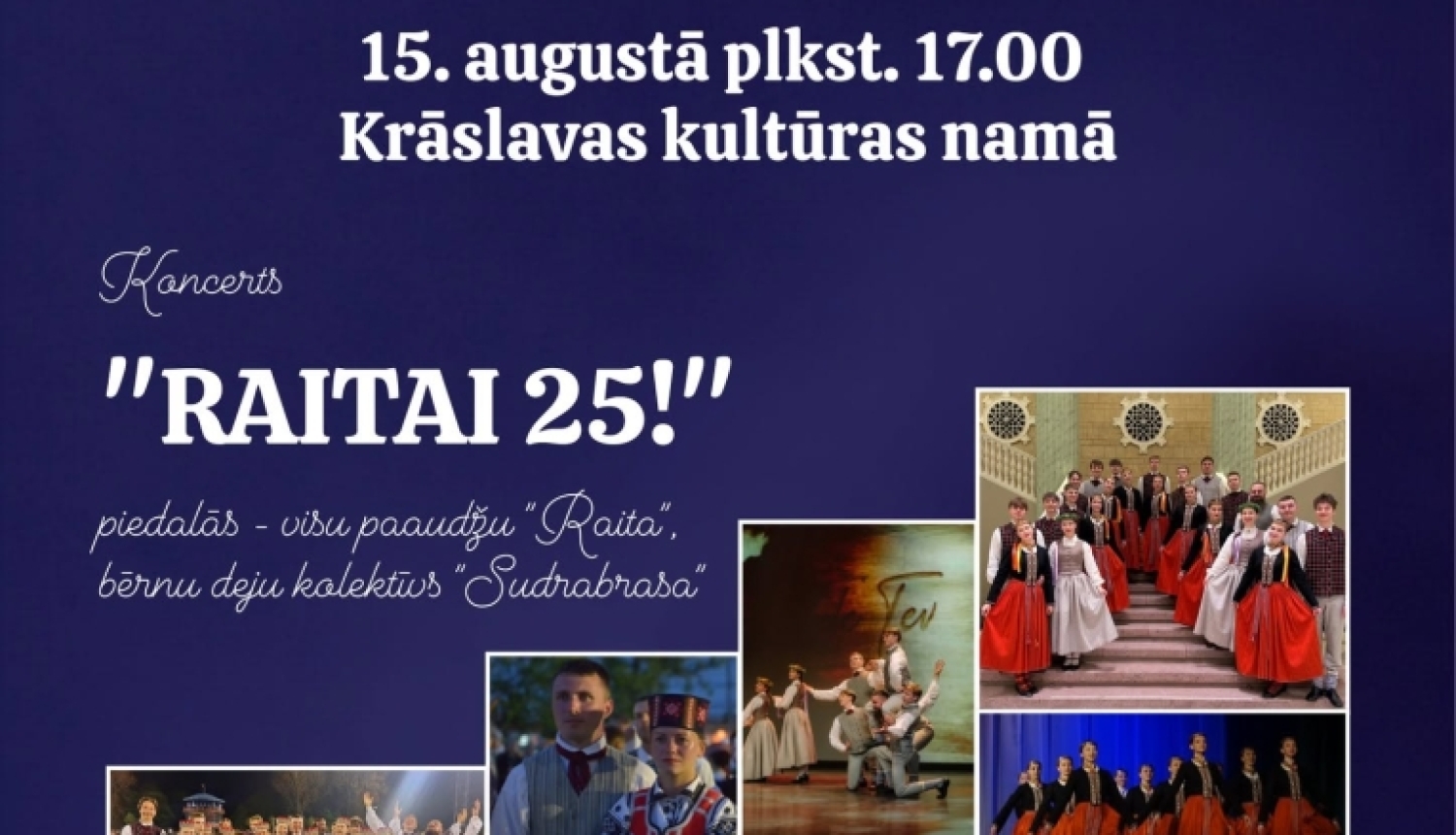 Foto kolāža ar dejotājiem dažādos pasākumos. Pasākuma afiša
