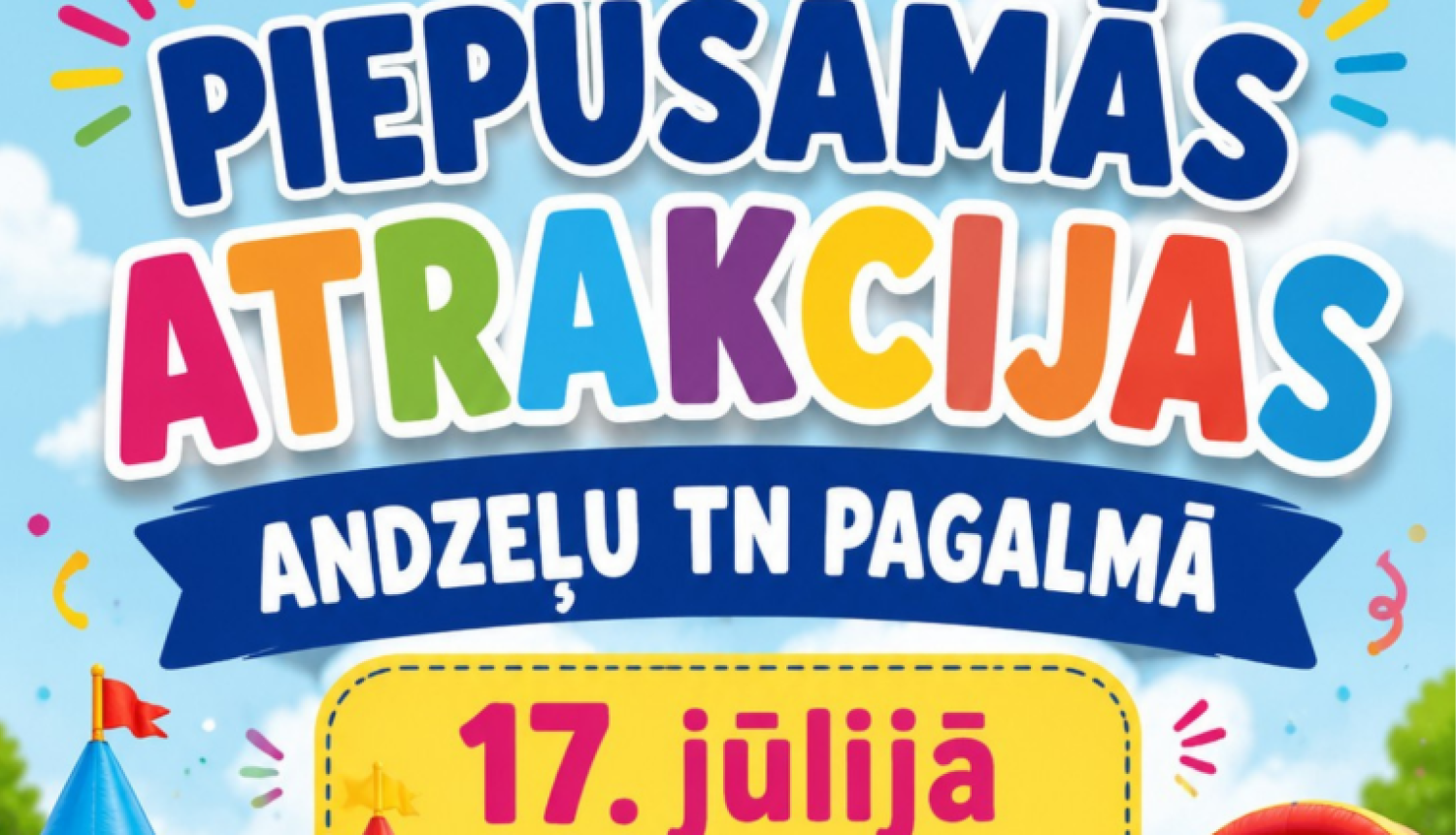 Piepūšamo atrakciju un uzkodu ilustrācija. Pasākuma afiša