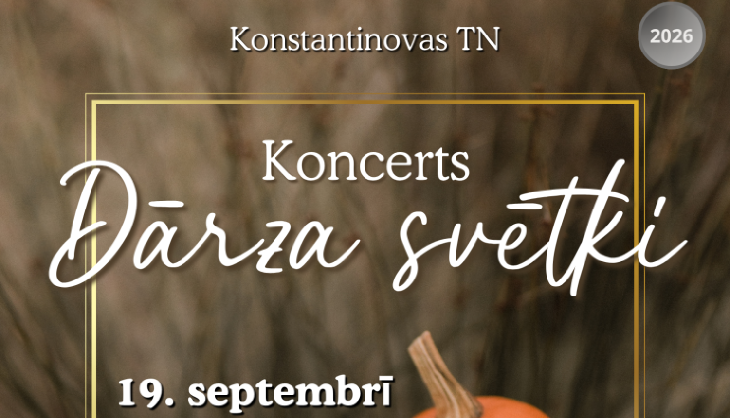 Rudens ražas kompozīcija ar ķirbjiem, āboliem un vīnogām. Pasākuma afiša