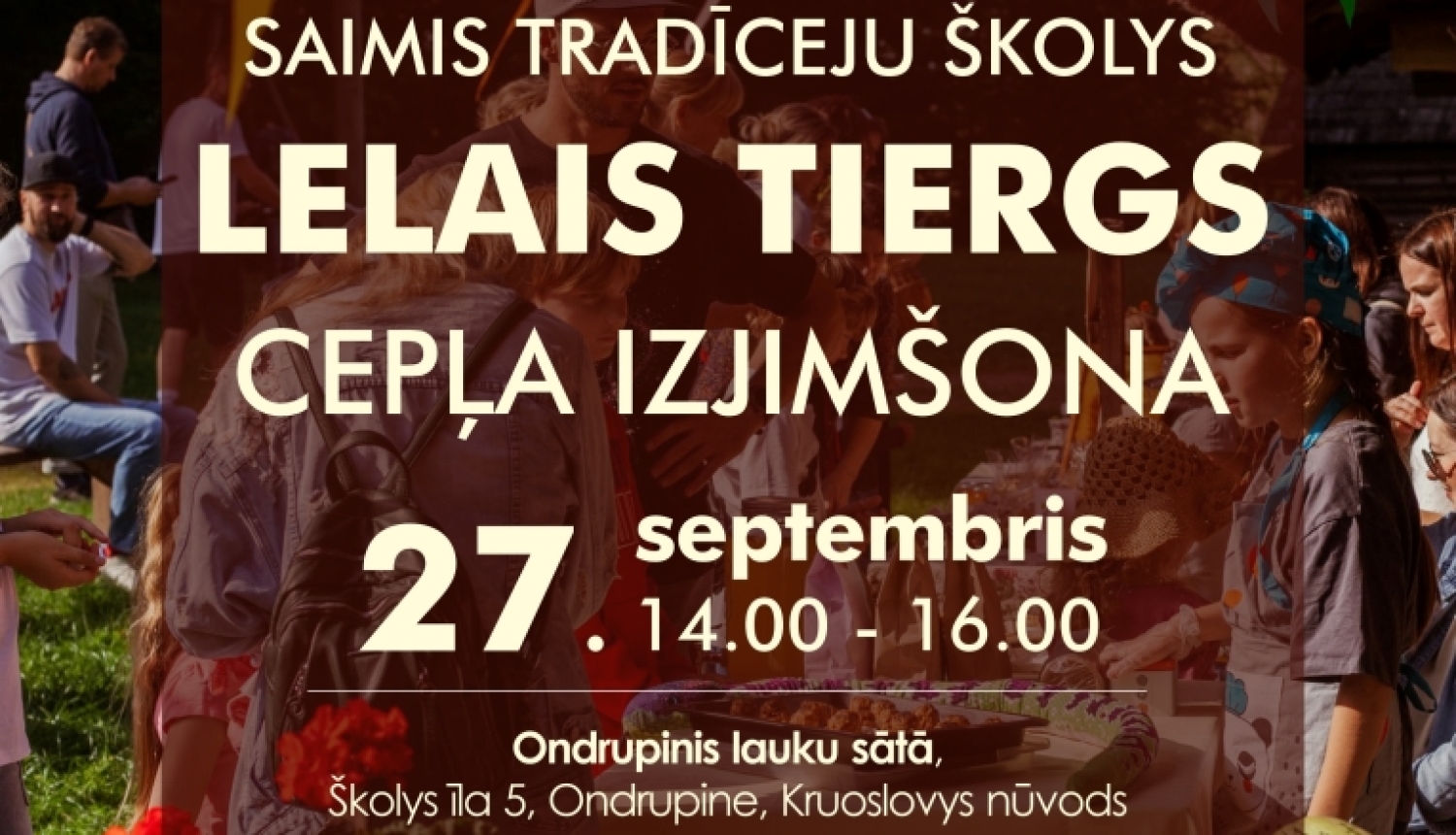 Cilvēki brīvdabas pasākumā un keramikas trauki uz galda. Pasākuma afiša