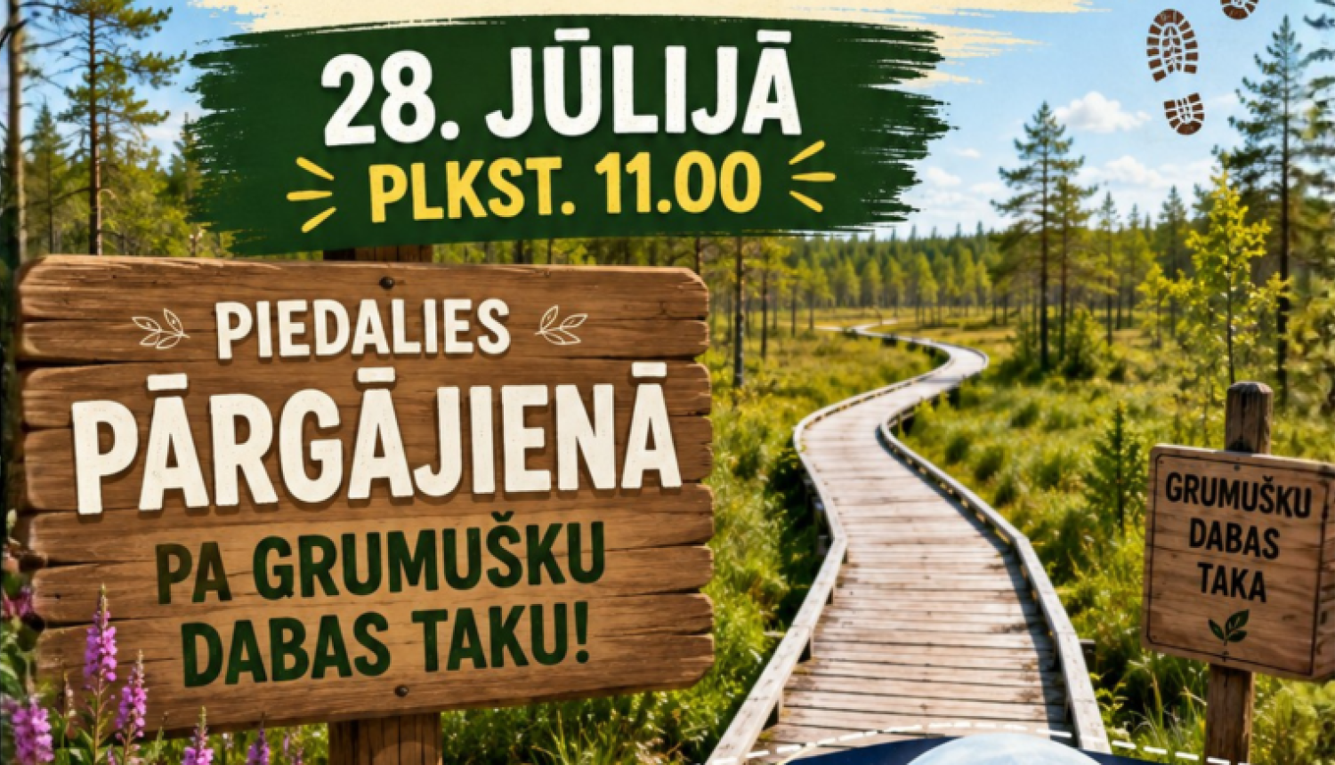Purva ainava ar koka laipu. Pasākuma afiša