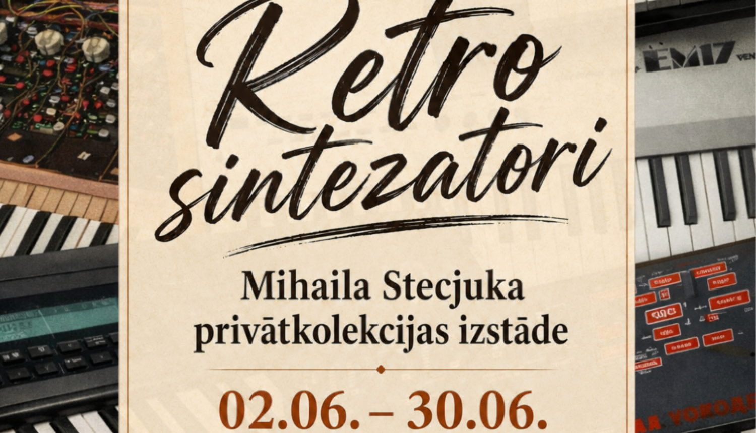 Dažādi retro sintezatori. Pasākuma afiša.