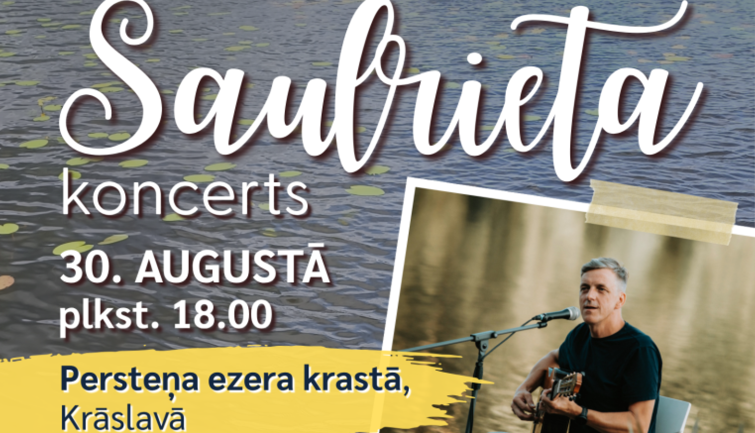 Ezera ūdens un mūziķu fotogrāfijas. Pasākuma afiša