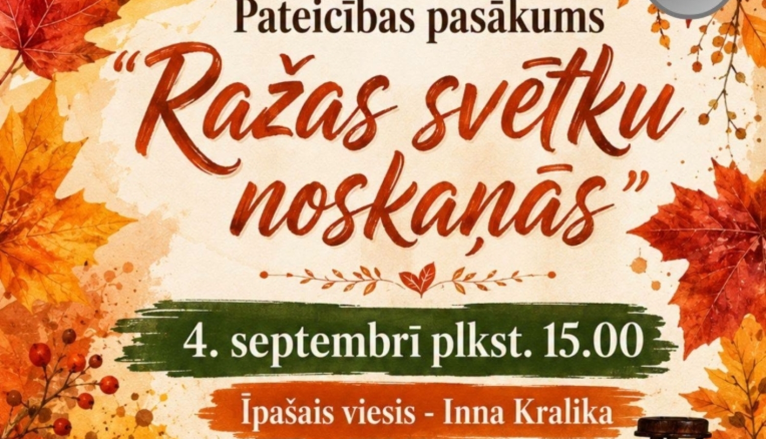 Rudenīgs motīvs – lapas, ķirbji, grāmatas. Pasākuma afiša