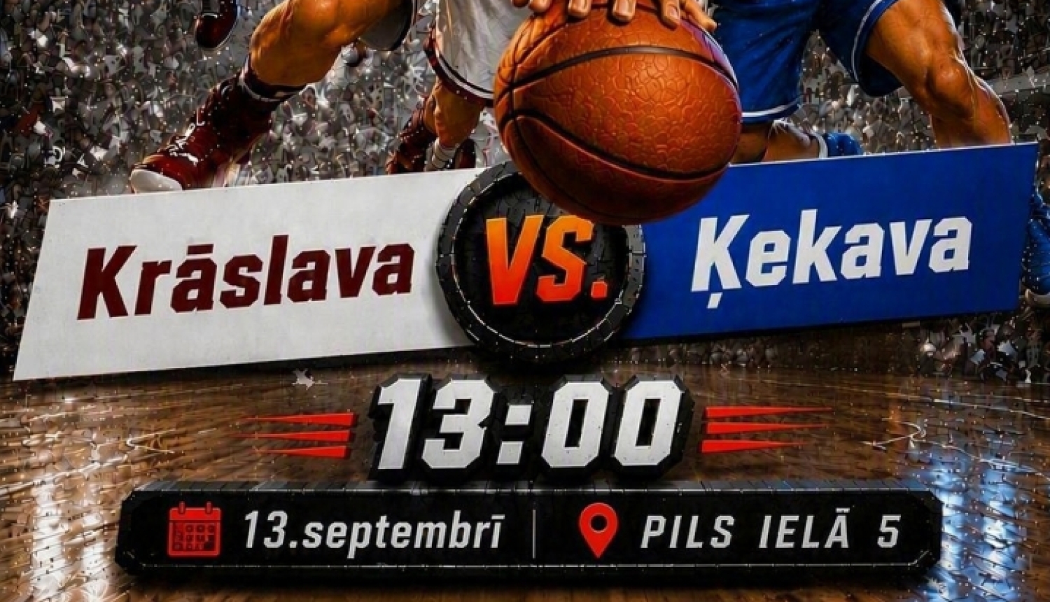 Ilustrācija ar basketbolistiem spēles laukumā. Pasākuma afiša
