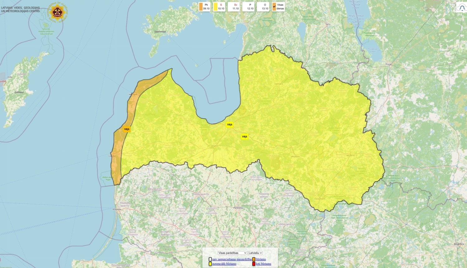 Latvijas kontūrkarte ar iezīmētiem bīstamiem vēja reģioniem