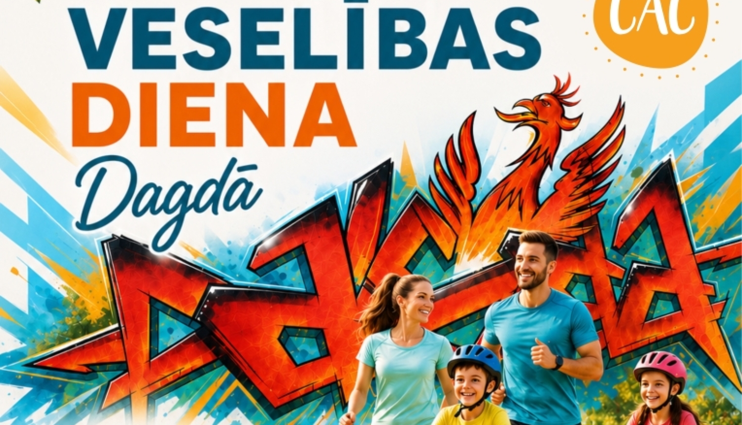 Krāsaina ilustrācija ar ģimeni, kas sporto parkā. Pasākuma afiša