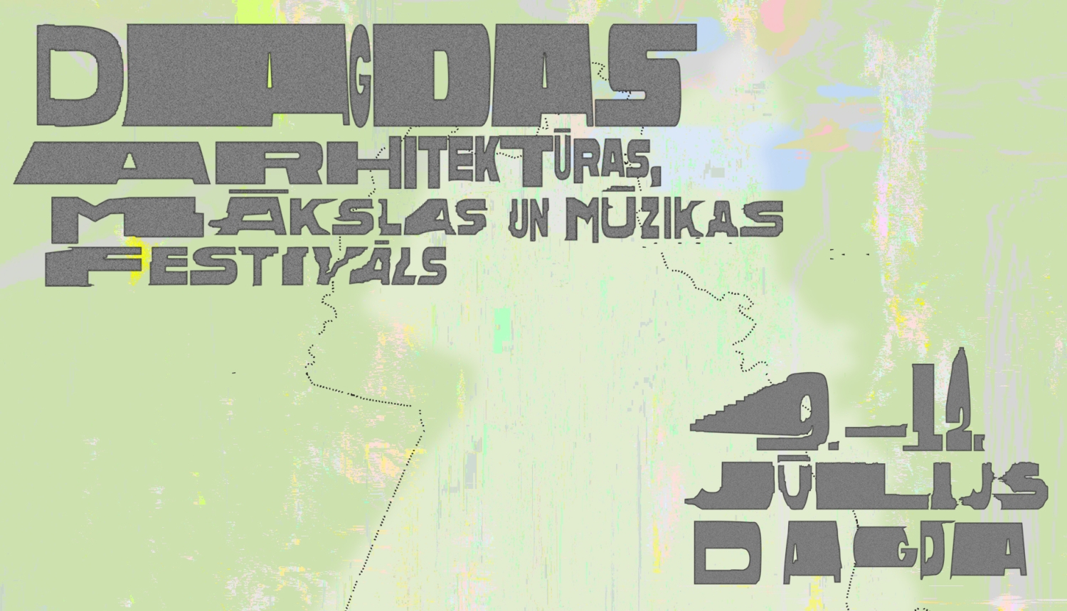 Dagdas arhitektūras, mākslas un mūzikas festivāla grafiskais baneris ar stilizētu tipogrāfiju