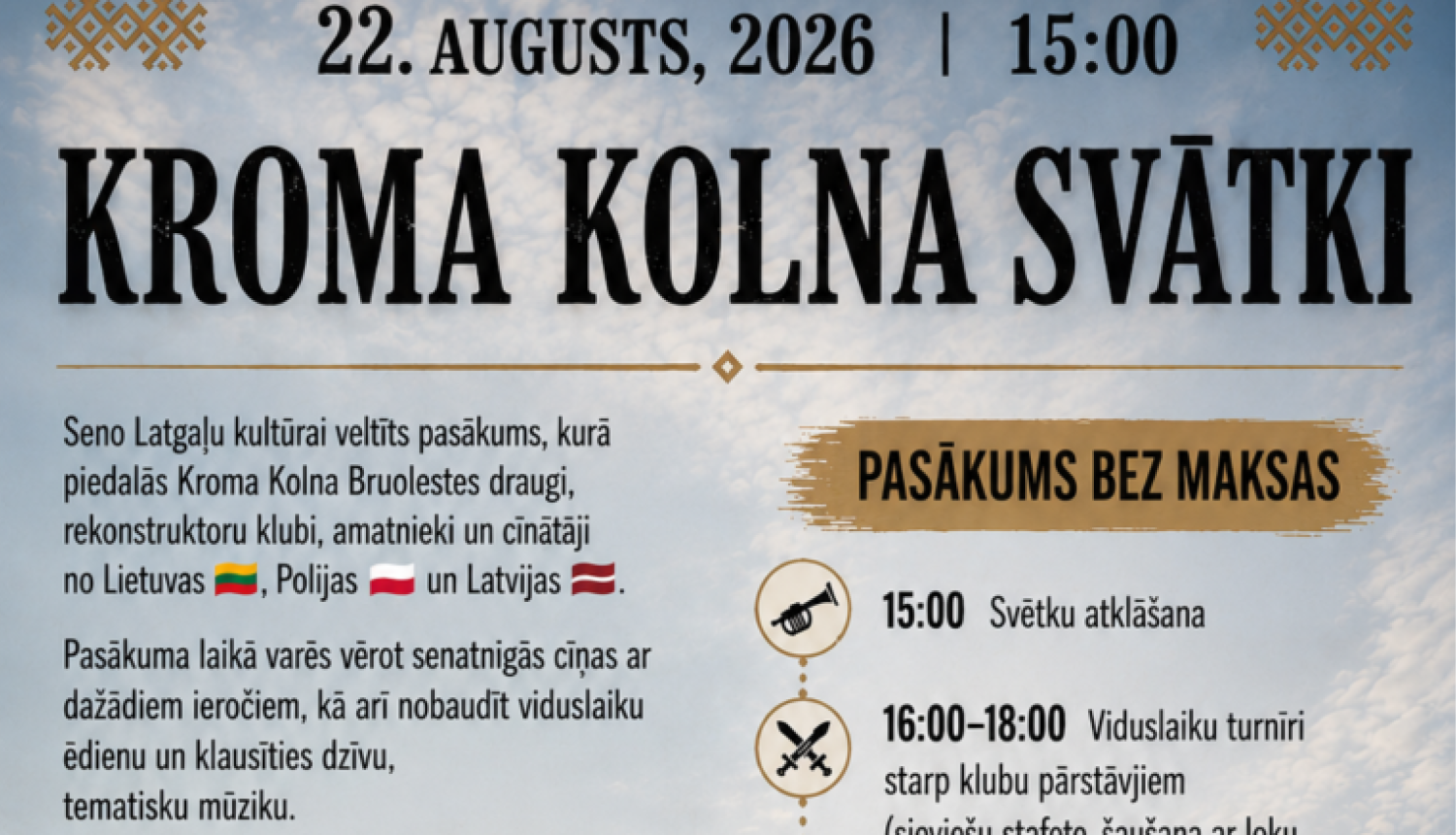 Vēsturiska izskata koka celtne un cilvēki viduslaiku tērpos. Pasākuma afiša