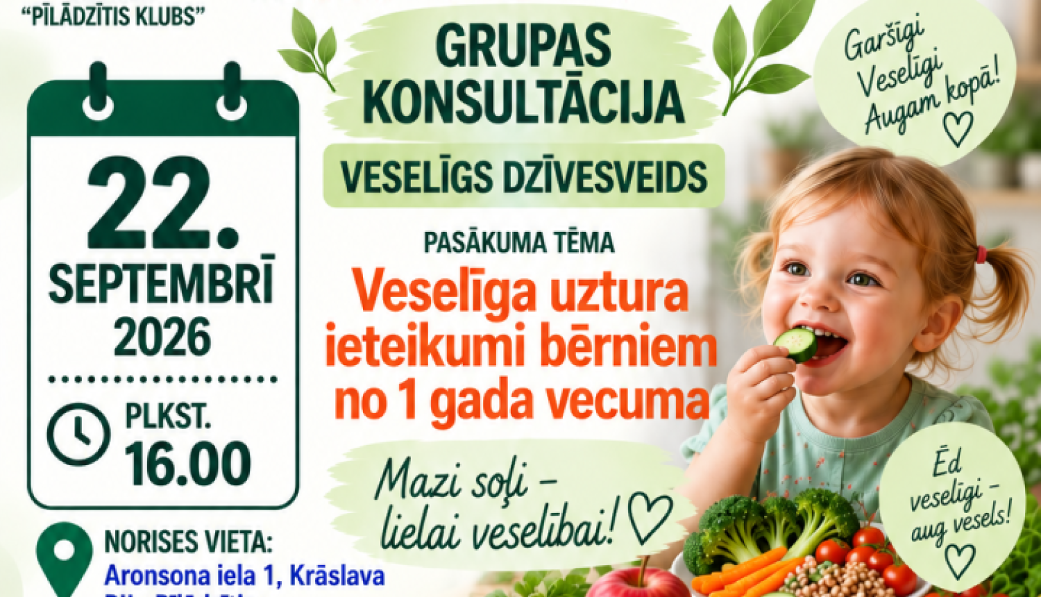 Bērns ēd augļus un dārzeņus. Pasākuma afiša