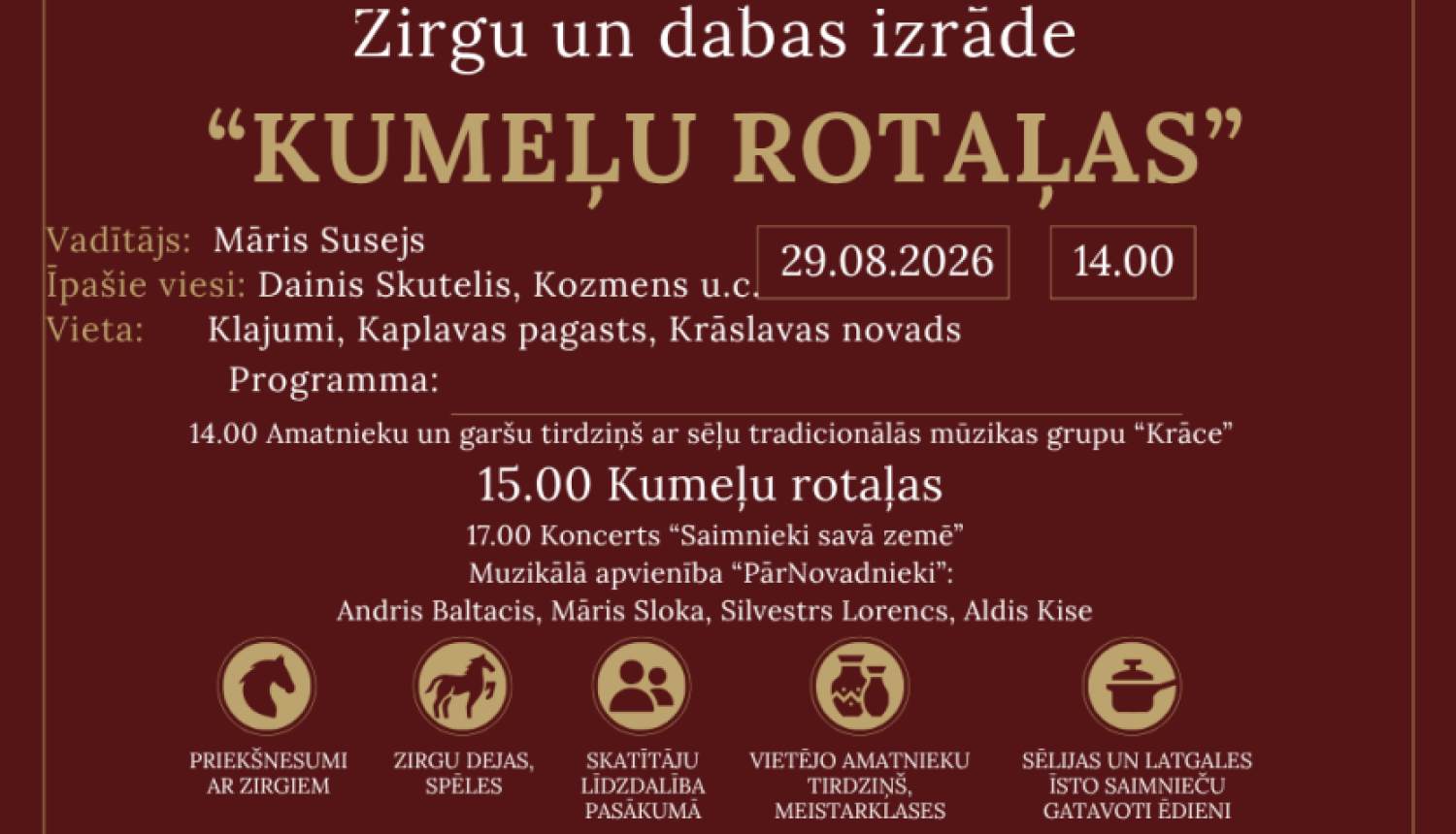 Jātnieki ar zirgiem, skatītāji un brīvdabas pasākuma norise. Pasākuma afiša