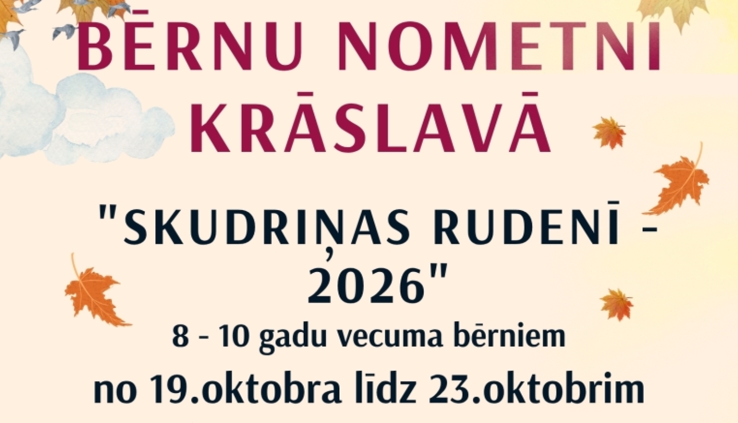 Krītošas rudens lapas uz gaiša fona. Pasākuma afiša