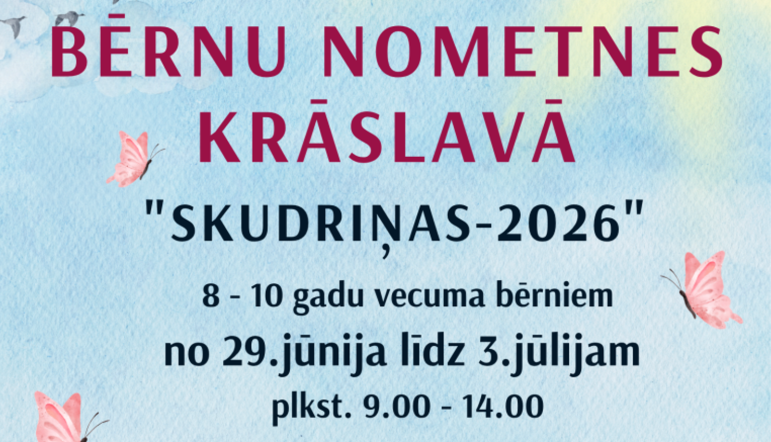 Krāsains ziedu un tauriņu dizains. Bērnu nometnes afiša.