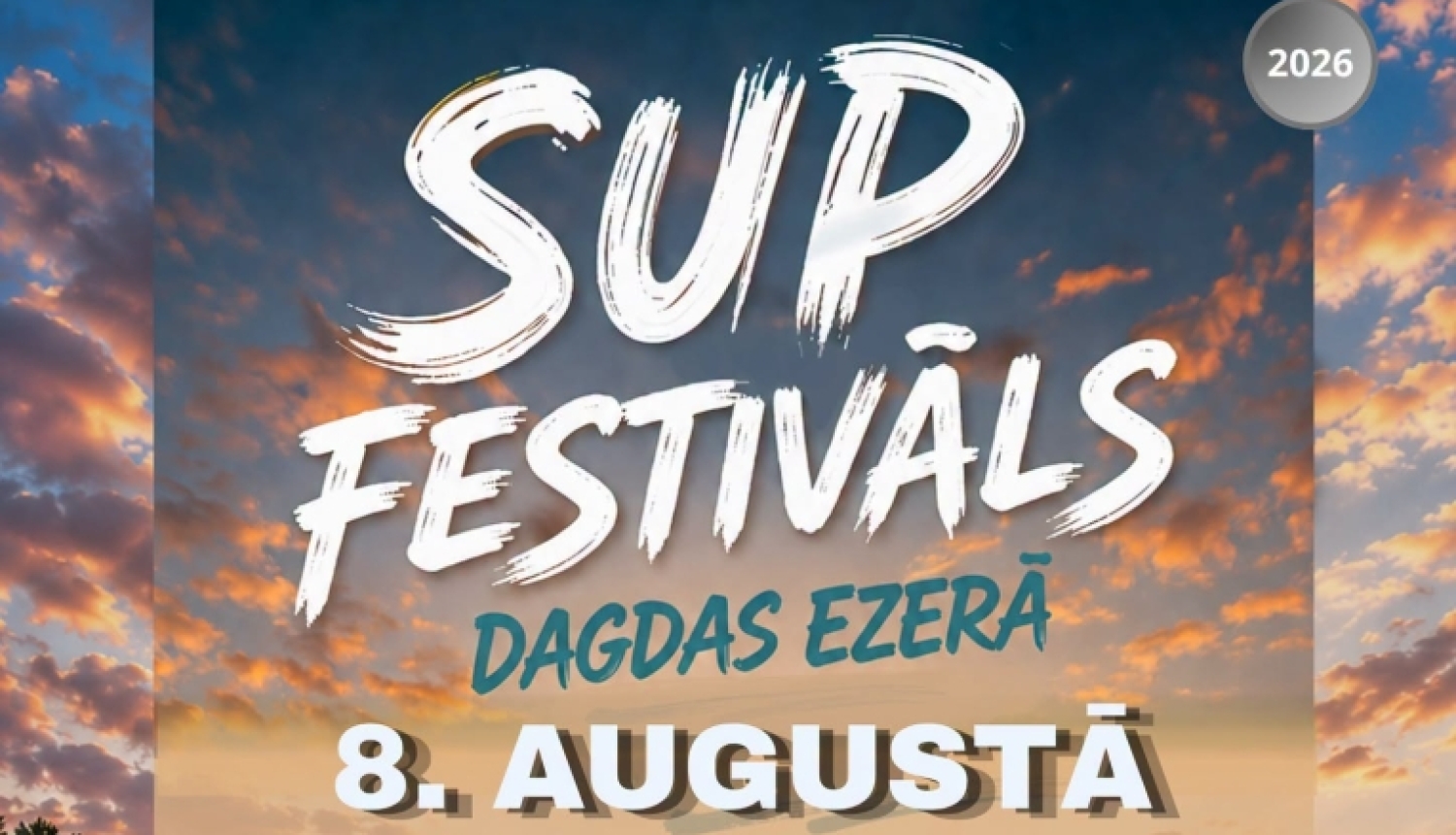 Cilvēki uz SUP dēļiem uz ezera, saulrietā. Pasākuma afiša