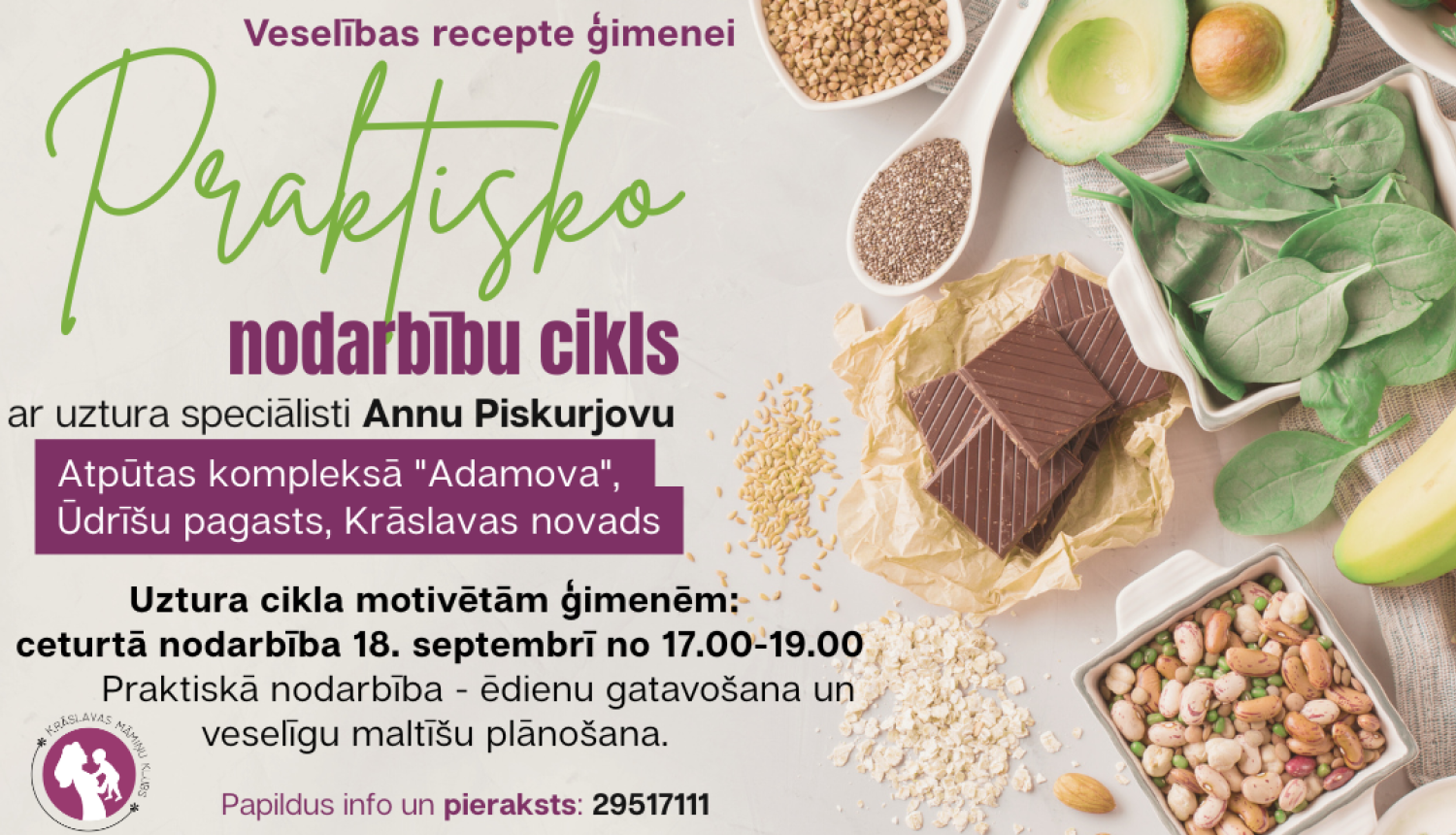 Veselīgi produkti un uztura speciālistes foto. Pasākuma afiša.