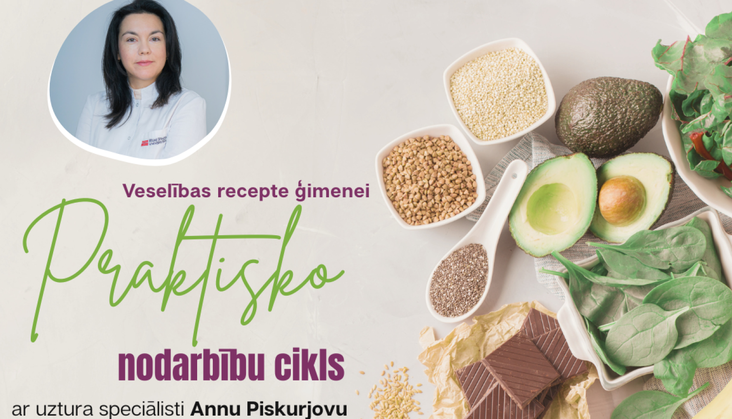 Veselīgi produkti un uztura speciālistes foto. Pasākuma afiša.