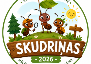 Vasaras bērnu nometnes "Skudriņas 2026" ilustrēts logo ar trim skudrām dabā