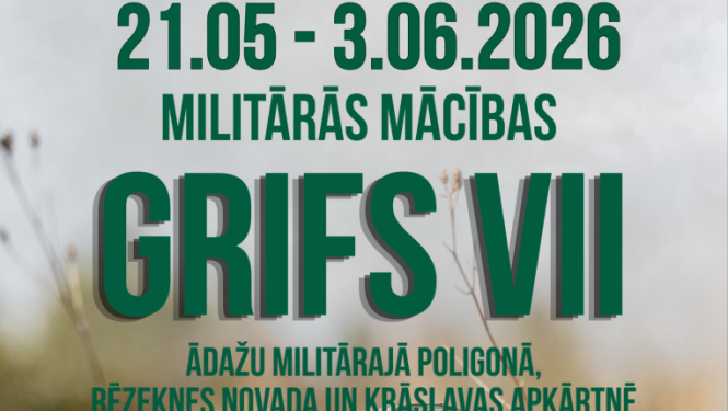 Bruņots karavīrs. Militāro mācību “Grifs VII” afiša