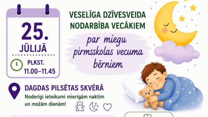 Ilustrācija ar guļošu bērnu. Pasākuma afiša