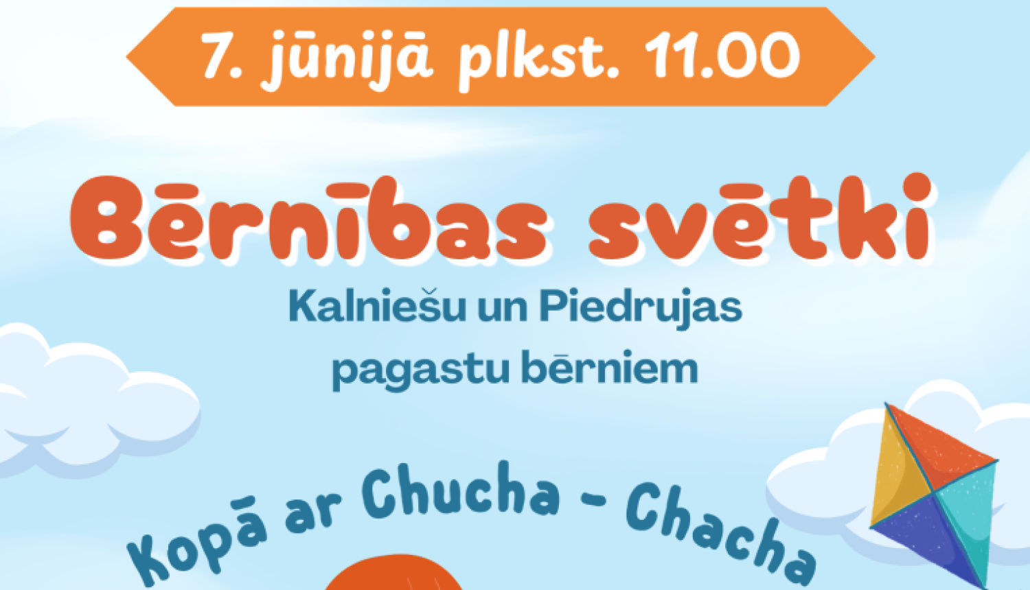 Ilustrācija – bērni uz papīra lidmašīnas mākoņos. Pasākuma afiša.