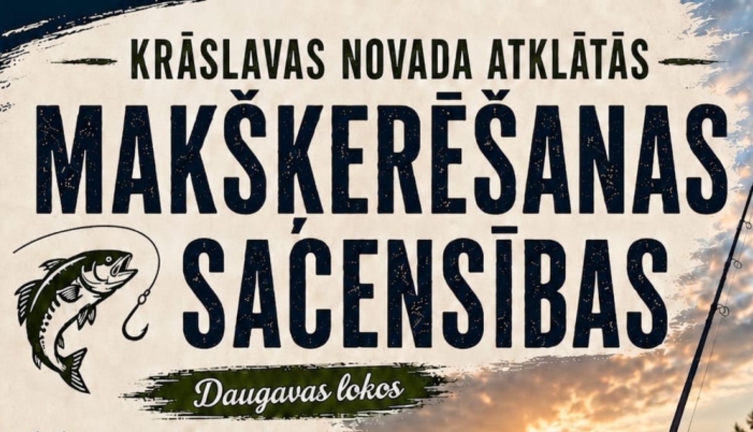 Makšķere uz upes un saullēkta fona. Pasākuma afiša